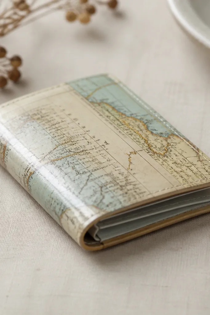 A slim wallet made from layered paper map prints and old book pages. The cover is wrapped around a simple card insert and sealed with clear varnish. The edges are trimmed clean and slightly glossy.