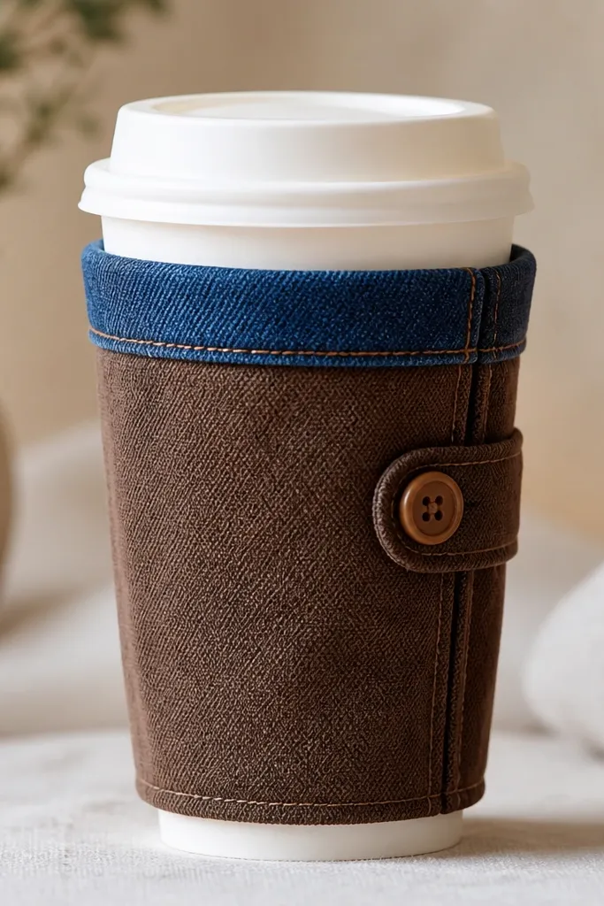 A reusable drink sleeve made from thick brown fabric with a denim cuff. The sleeve has a button closure on the side and neat topstitching. It fits a takeaway cup and shows a snug, padded shape.