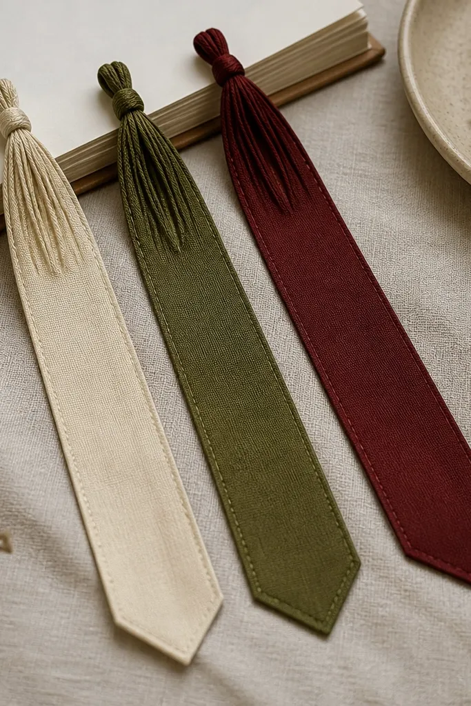 A set of three fabric bookmarks in cream, olive, and deep red. Each bookmark has a tapered end and a tassel made from waxed thread. The edges are neatly stitched and the tassels hang straight.