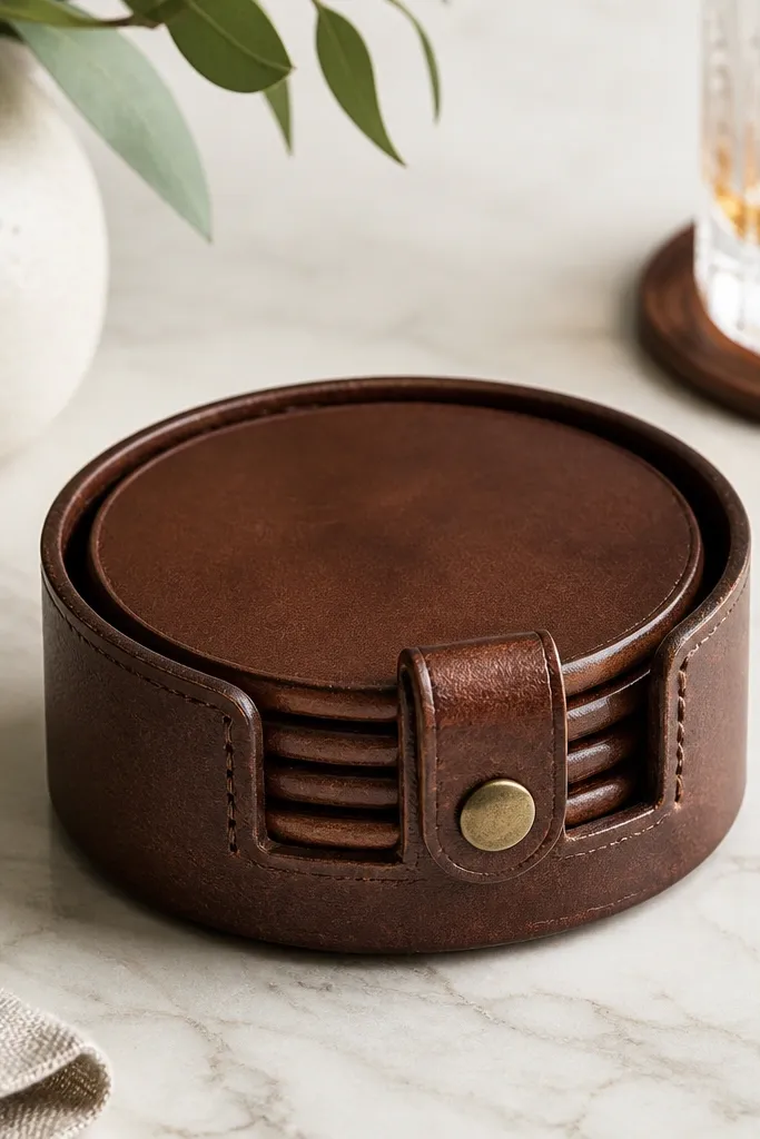 A small coaster holder made from a cut section of a brown leather belt. Inside is a set of four circular coasters in the same leather, and the holder has a stitched seam line and a snap strap at the front.