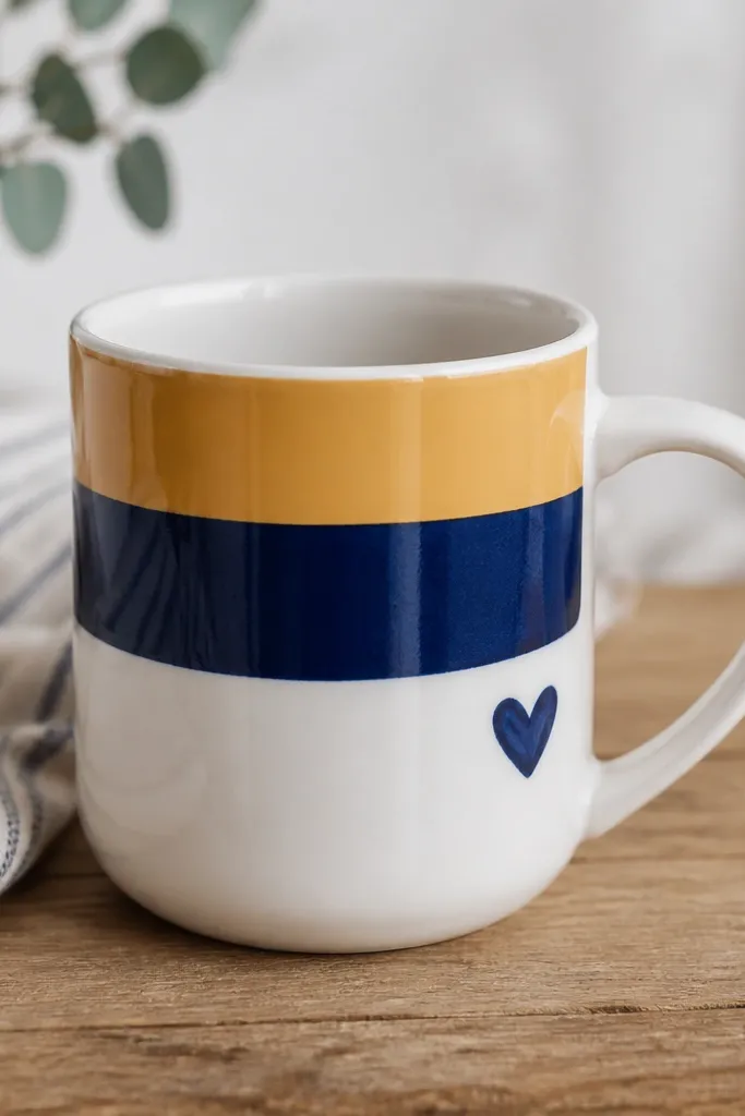 A plain white ceramic mug painted with two masked color bands - a mustard band near the top and a dark navy band below. The paint has clean straight edges and a small hand-painted heart near the handle. A clear coat finish makes it look glossy.