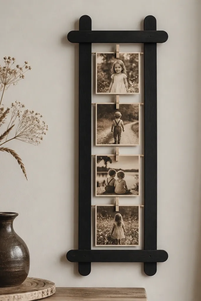 A small wall frame made from six popsicle sticks arranged in a grid. Inside is a vertical photo strip with four printed photos held by small clothespins. The frame is painted matte black and the photos are sepia-toned.