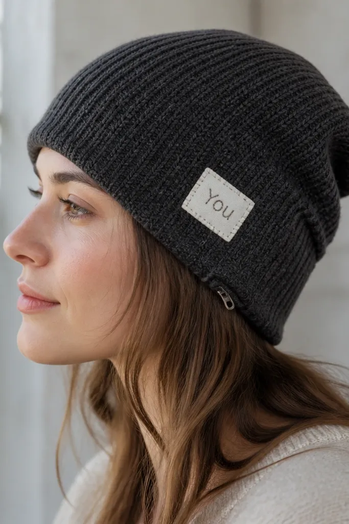 A soft charcoal waffle-knit beanie with a small off-white embroidered patch on the side that reads "You" in simple thread lines. A narrow seam at the inner fold opens like a hidden pocket, with a tiny zipper tab visible near the ear. The beanie looks slightly slouchy with clean edges and neat hand stitches around the patch.