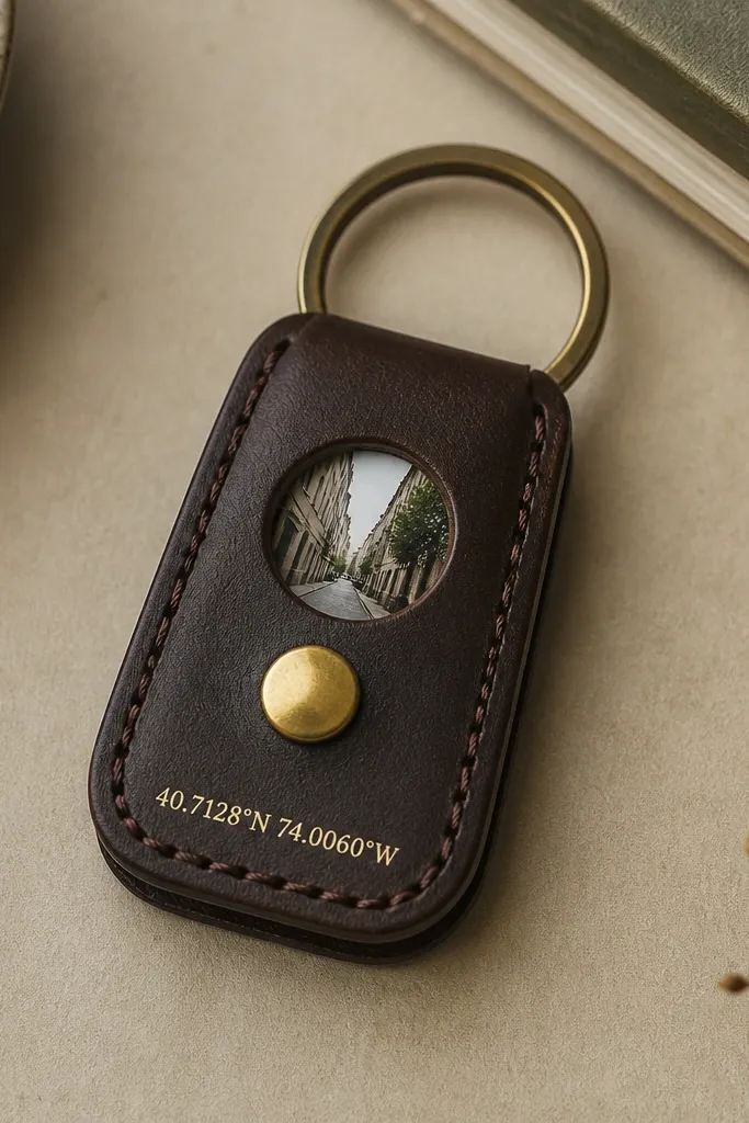 A compact key fob made from two pieces of dark brown leather stitched around the edges, with a round brass button centered on the front. Behind the button is a tiny window holding a mini photo (a small street scene) visible through a clear film. Heat-foil coordinates stamped in light gold sit near the bottom edge, with clean hand stitching in a single continuous line.