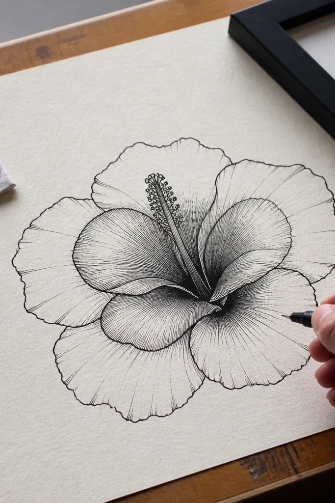 Hibiscus flower with bold ink outline, inner petal folds shaded with cross-hatching