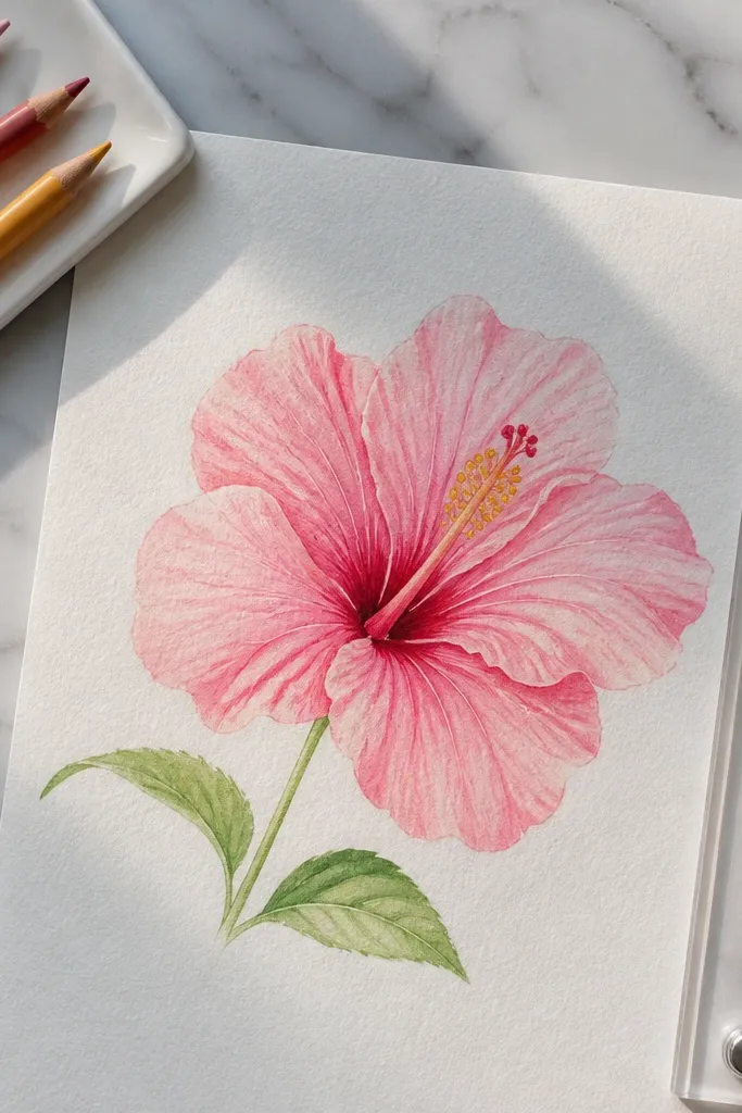 Pink hibiscus flower with watercolor pencil shading and soft, blended petal edges