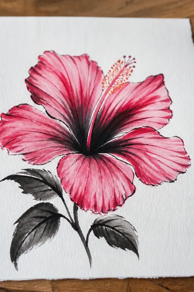 Hibiscus drawn with brush pen, darker petal folds and lighter edges
