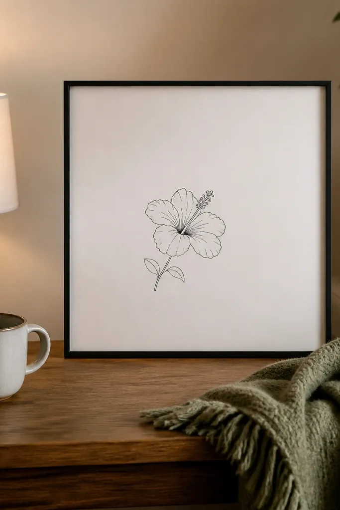 Black monoline hibiscus centered inside a thin square border