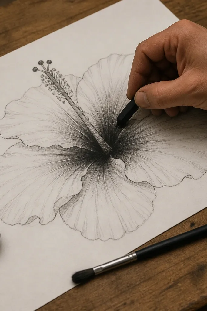 Hibiscus flower with pencil sketch lines and charcoal shaded petal folds