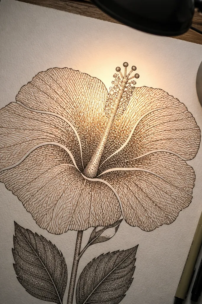 Hibiscus with patterned petal sections and a dot-work center column