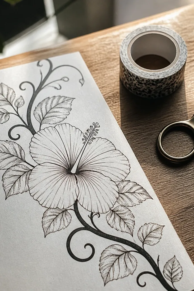 One hibiscus flower with flowing vine and leaves in the corner of the page