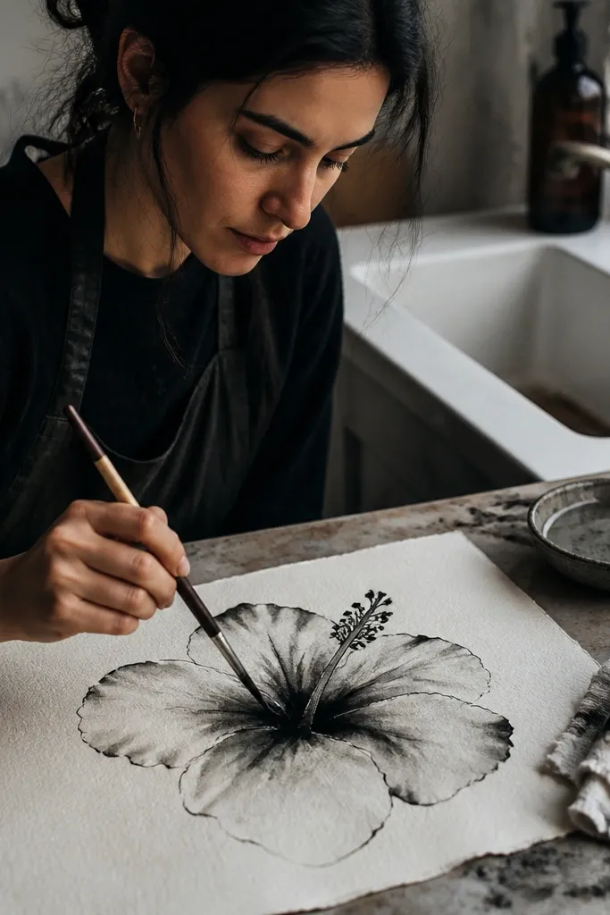 Hibiscus flower with ink wash shading and soft bleeding edges in petals