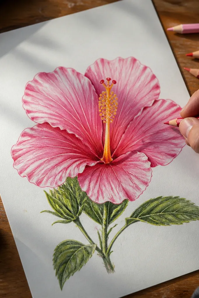 Hibiscus with colored pencil shading and sharp highlight edges on petals