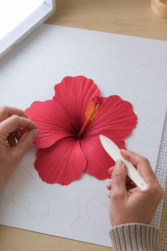 Hibiscus petals drawn separately like a study, then assembled into one flower