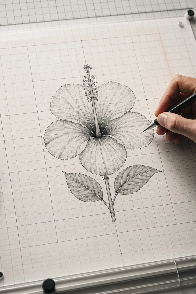 Hibiscus drawing on grid paper with symmetrical spacing and neat line work