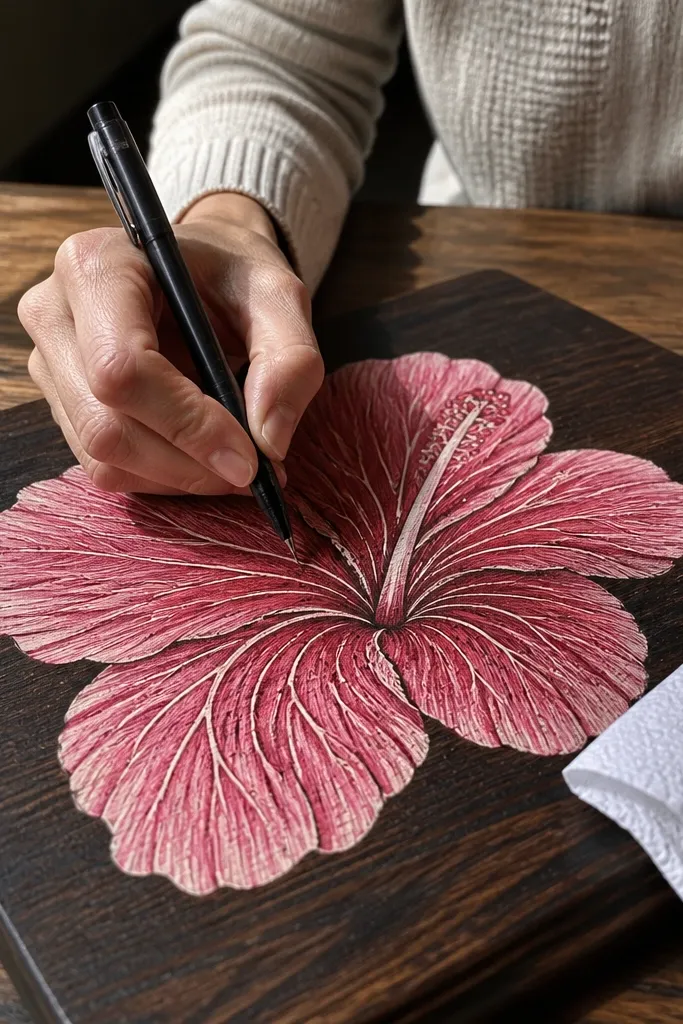 Hibiscus with light veins left blank inside darker shaded petals