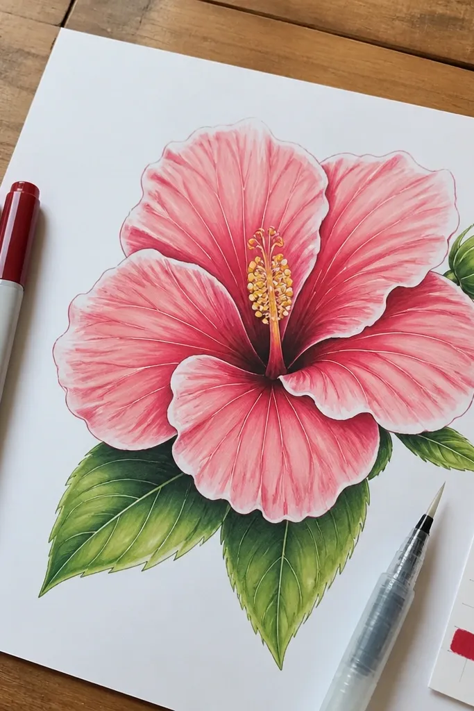 Hibiscus flower colored with three markers and smooth petal gradients