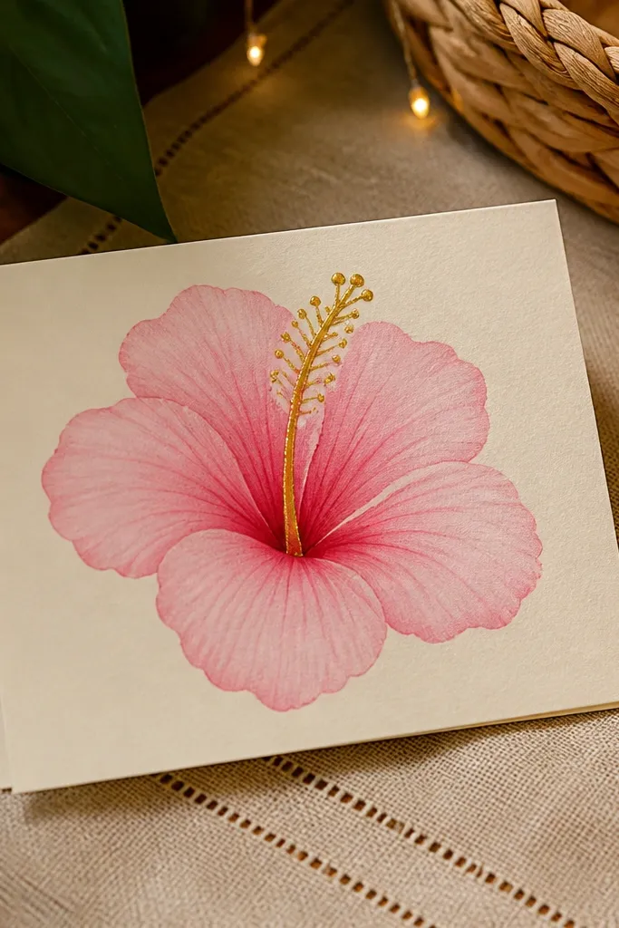 Pink hibiscus with gold gel pen accents on the center column and stamens