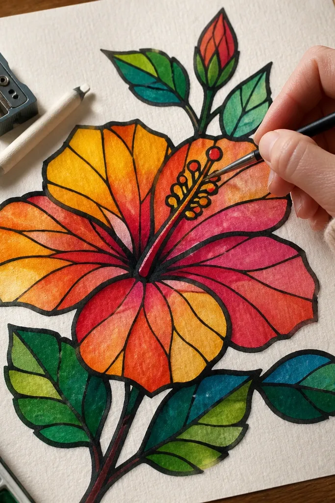 Hibiscus made of colored glass panels with thick black outlines and a glowing center