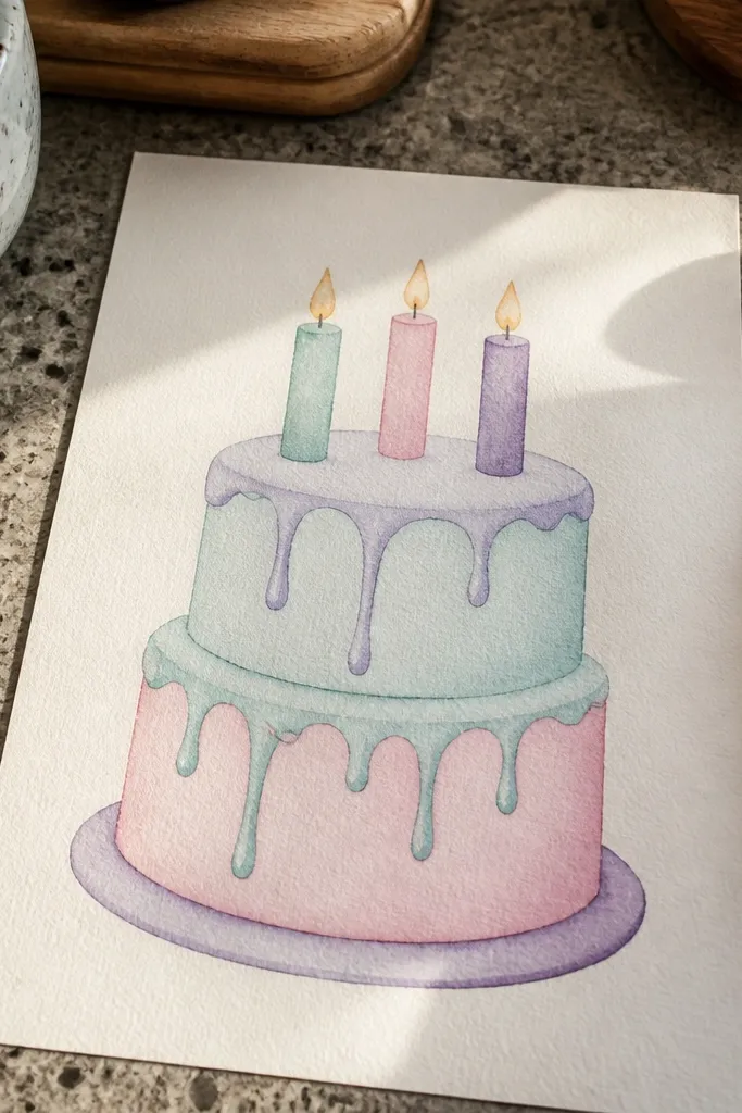 Layer cake with pastel drip icing and three upright candles
