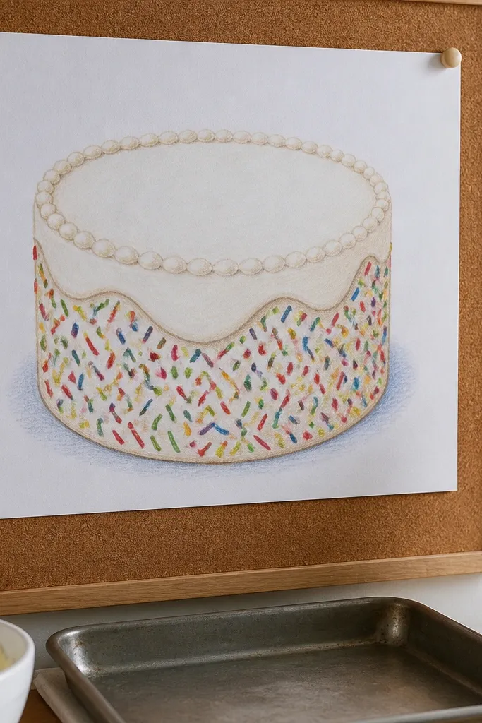 Cake with frosting on the sides and rainbow sprinkle dots