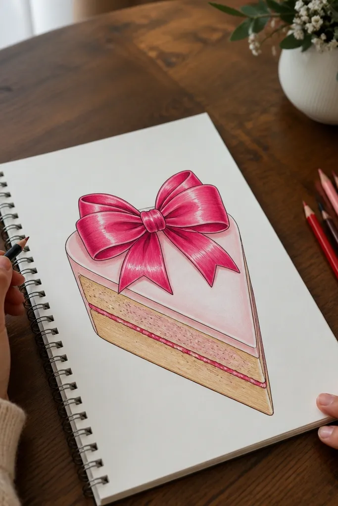 Cake slice with a large ribbon bow on top