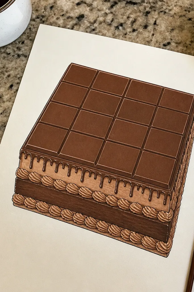 Chocolate cake with small cocoa drips and a bar top
