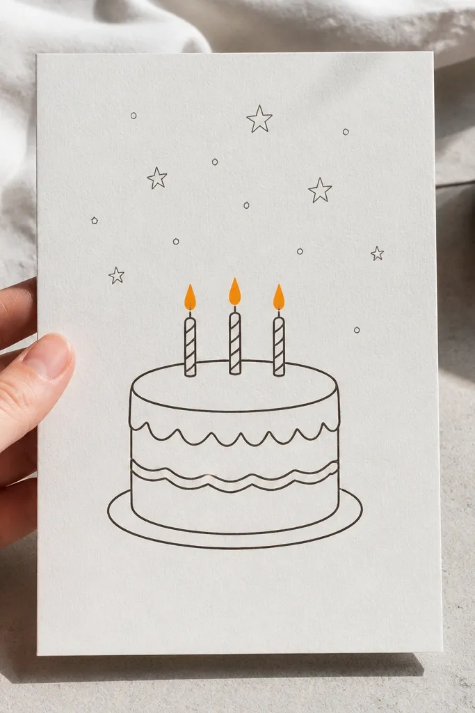 Minimal outline cake with two outline candles and small stars