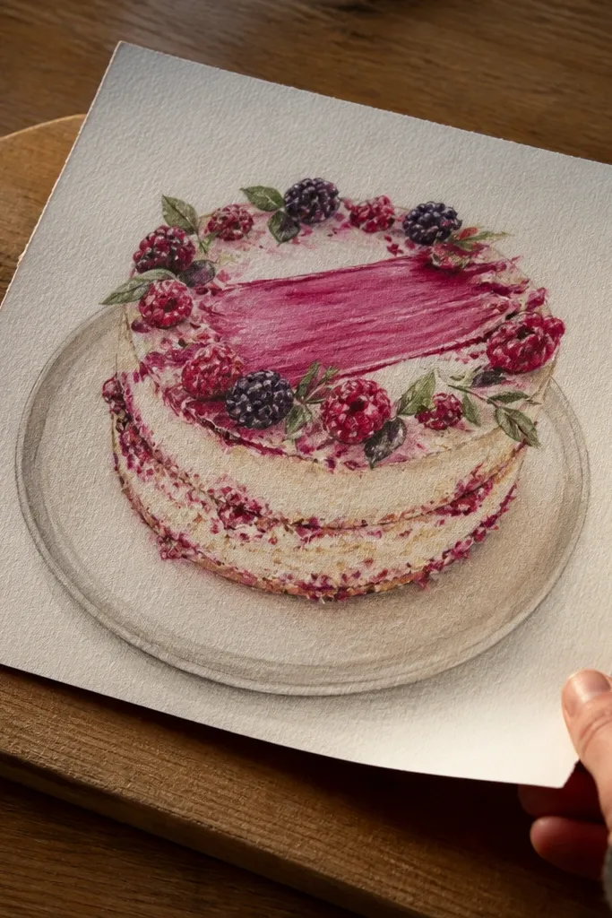 Cake with half-smeared frosting and berry dots on top