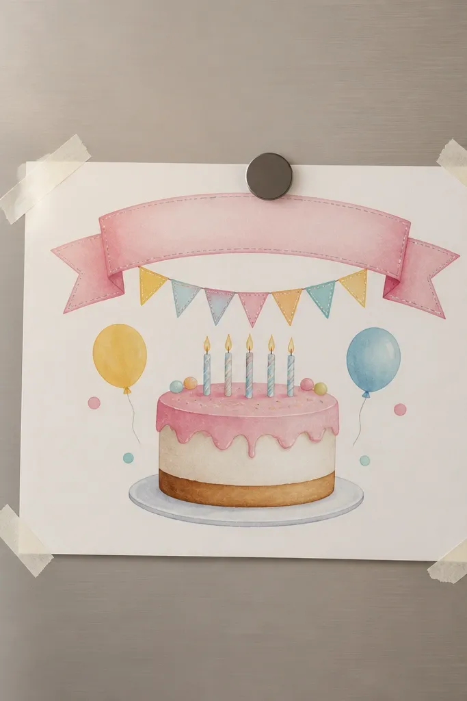Cake with a small banner banner on top and three dots