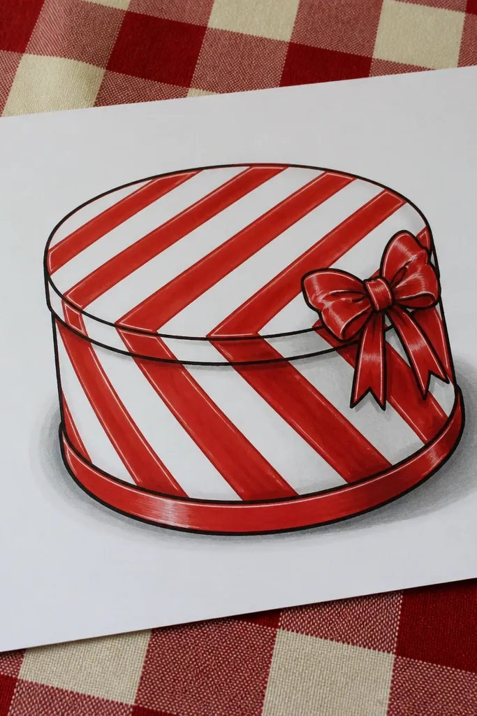 Cake with red and white stripe frosting and a small bow