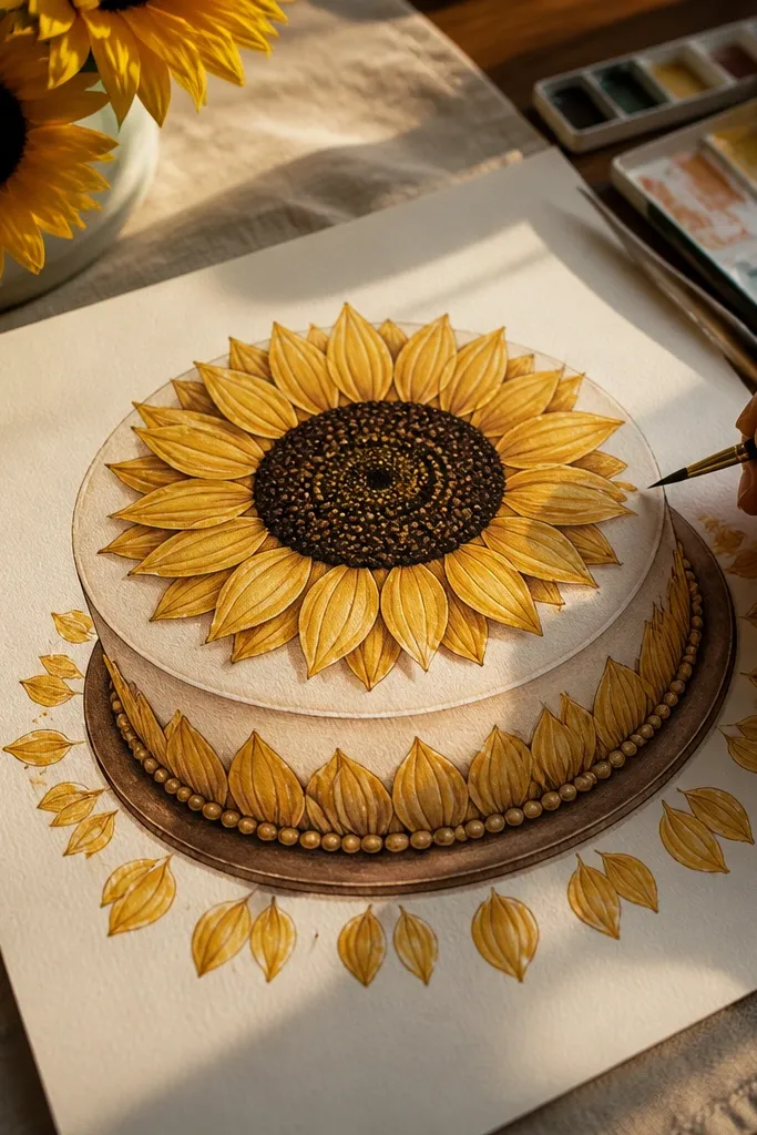 Cake topped with a sunflower and small petal border around it