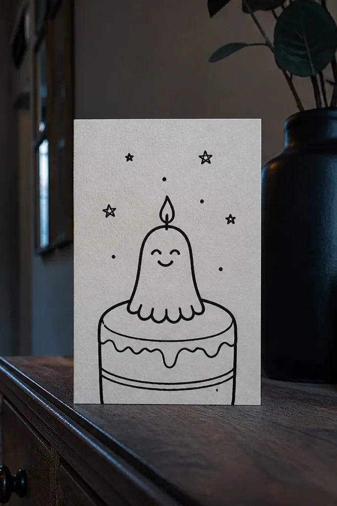 Cake with a candle shaped like a ghost with a simple face
