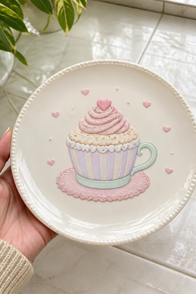 Cake shaped like a teacup sitting on a saucer with tiny dots