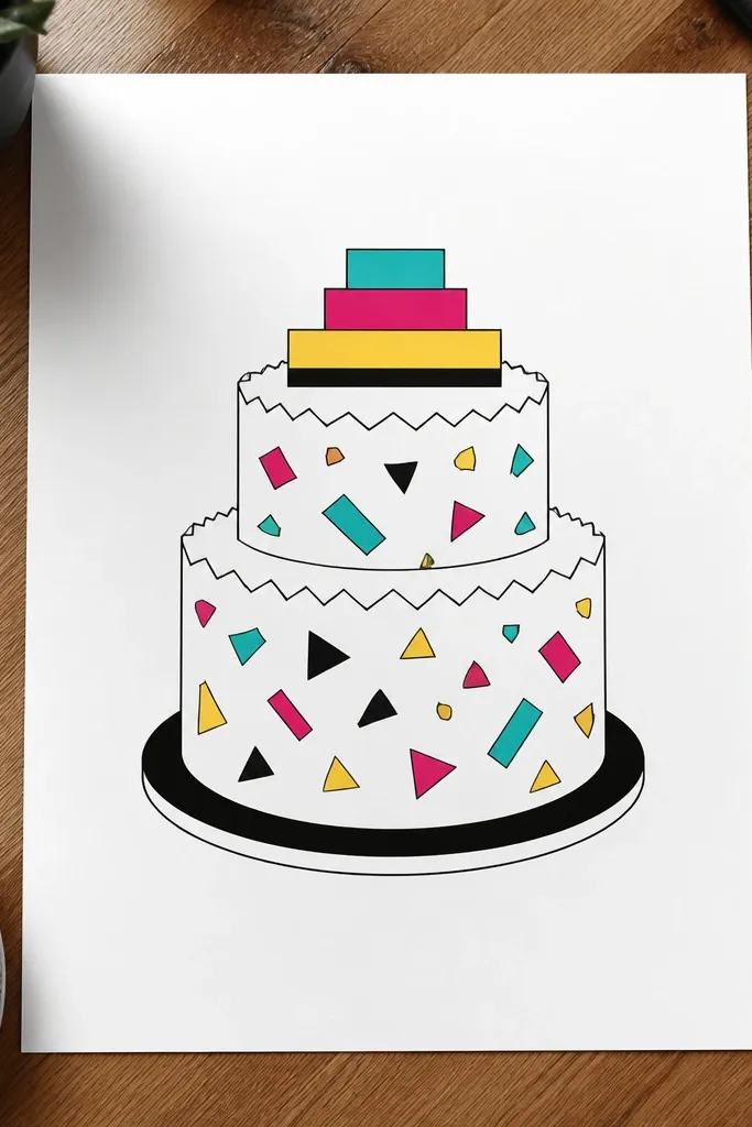 Cake with geometric frosting and colorful confetti shapes around it