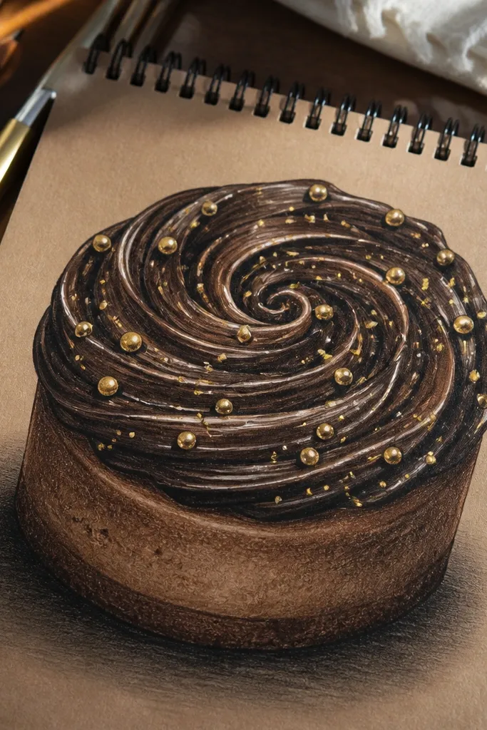 Cake with chocolate swirl frosting and small gold dot accents