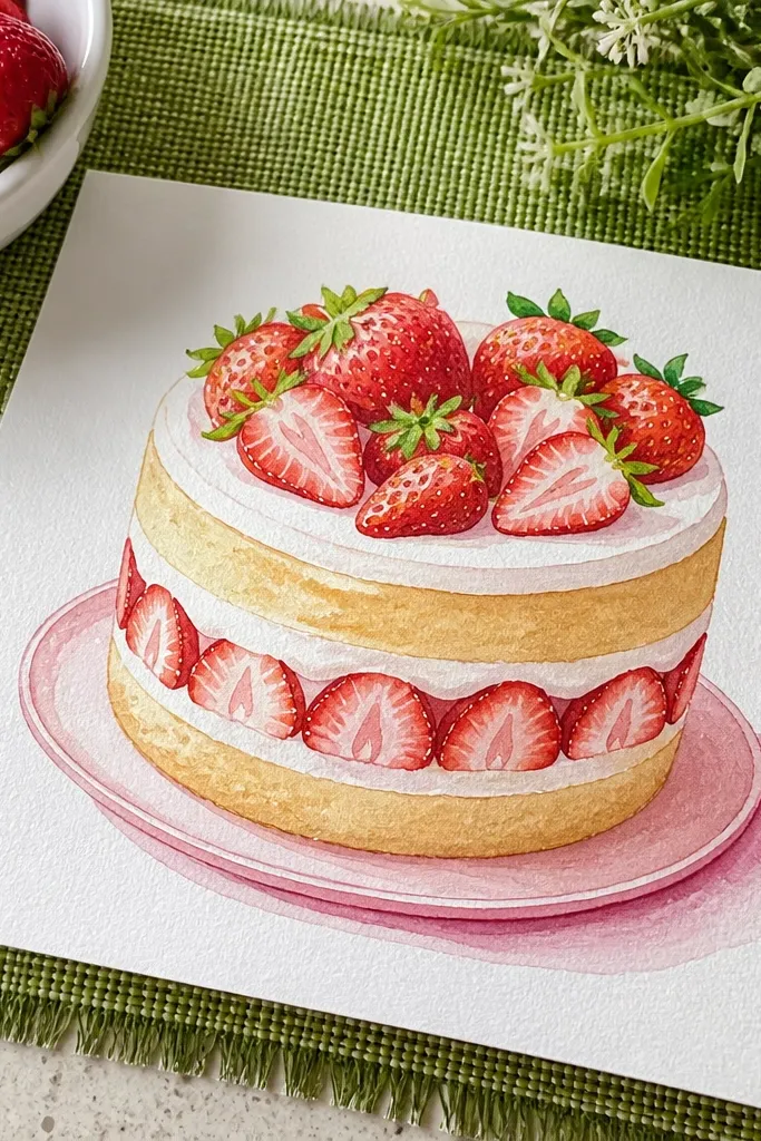 Shortcake with strawberry slices and tiny green leaves on top