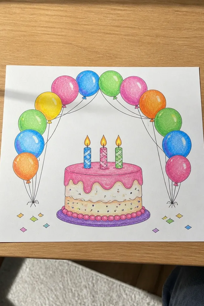 Cake with an arch of balloons behind it