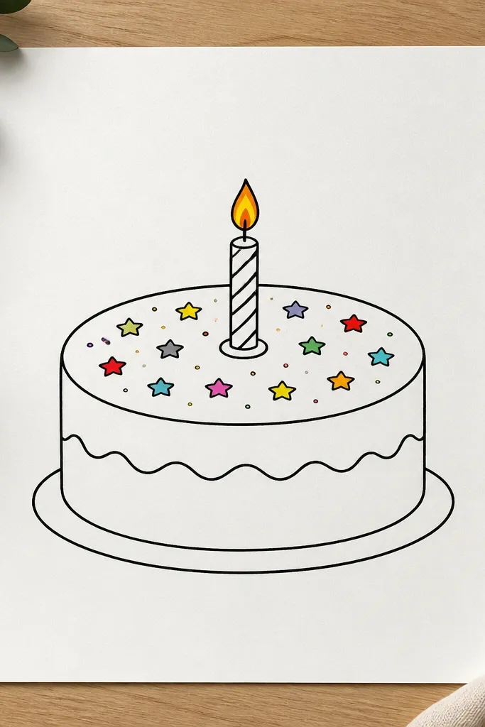 One-layer cake with star sprinkles and a single candle