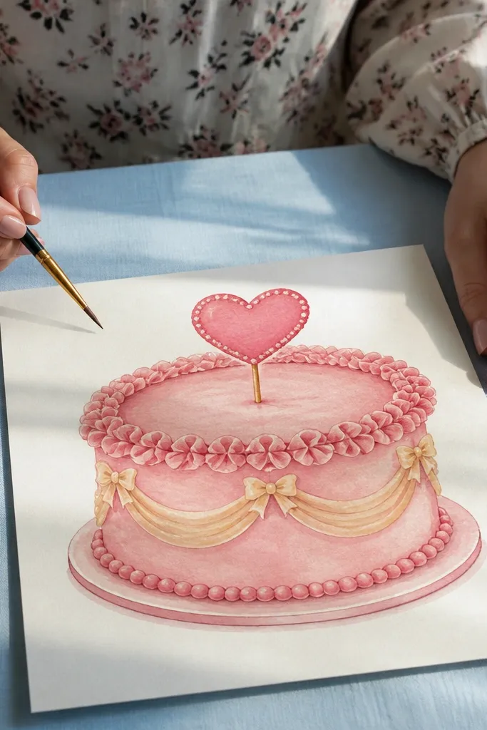 Cake with ruffled frosting border and a heart on top