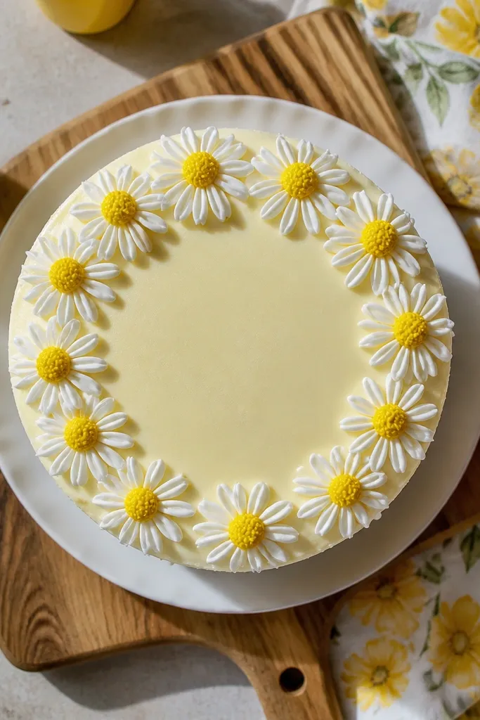 White daisy flowers with yellow centers drawn around the cake edge
