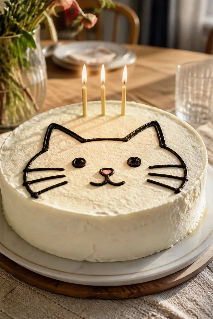 Black outlined cat face with triangle ears and a small pink nose