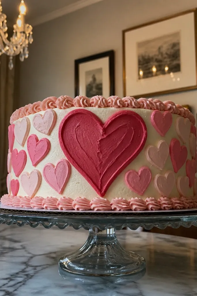A big center red heart with smaller hearts and dots around it