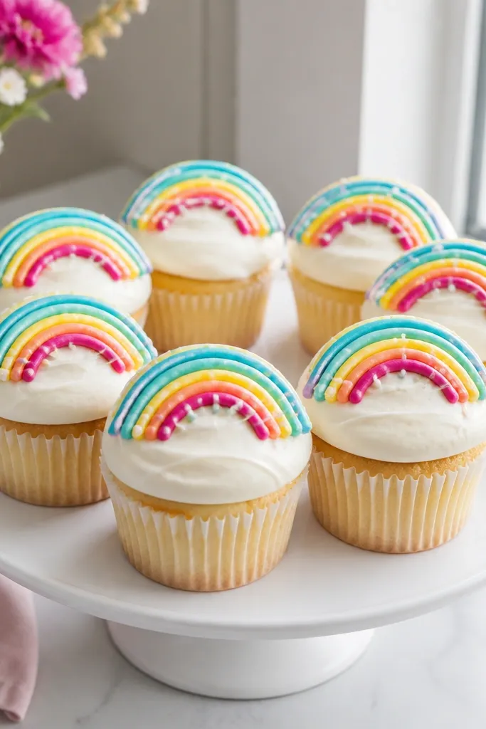 A rainbow arc made of colored lines with tiny sprinkle dots underneath