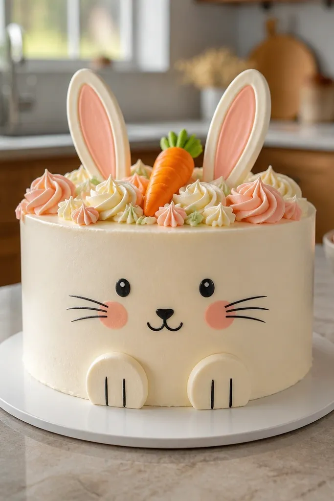 A cute bunny face outline with pink cheeks and a small carrot shape
