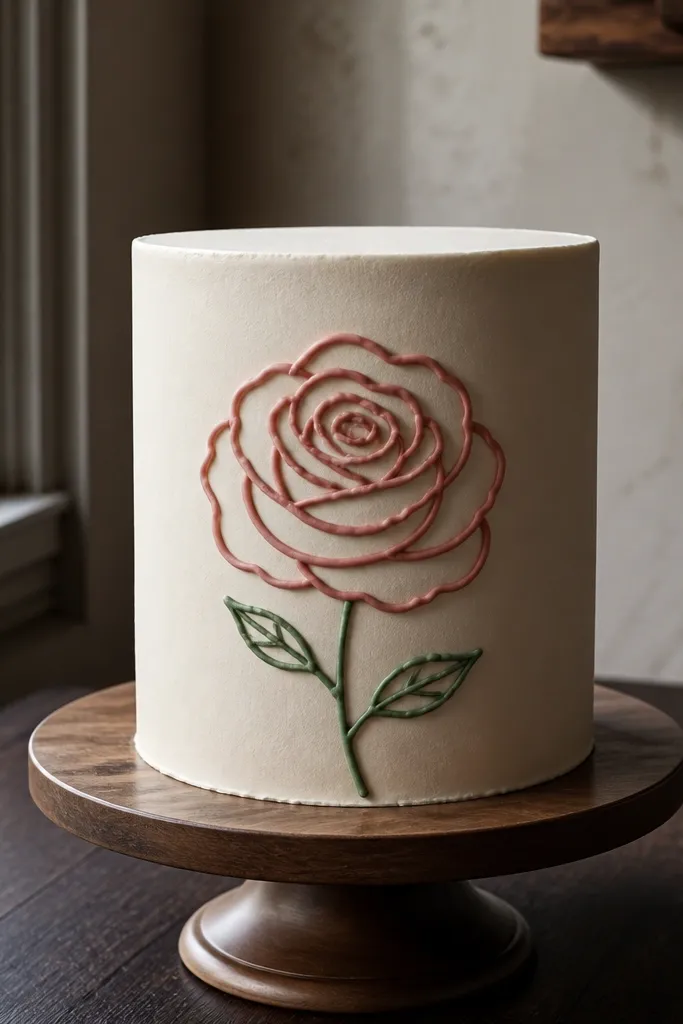 One red rose with a green stem and small leaves drawn on cake