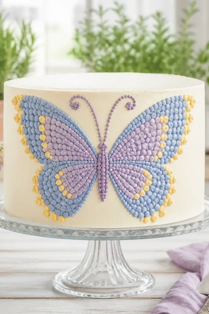 A butterfly drawn with symmetrical wings and dotted texture in pastel colors