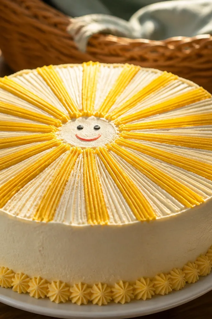 A yellow sunburst with straight rays and a small smiling face in the center