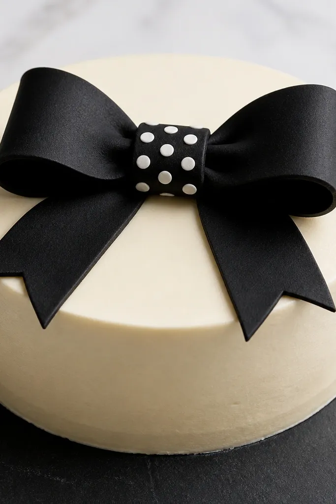 A bow tie ribbon outline with polka dots in the center on a cake
