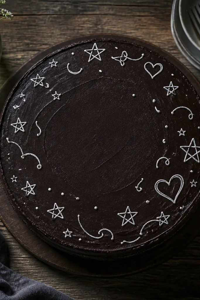 Dark cake top with white doodle lines like stars and squiggles